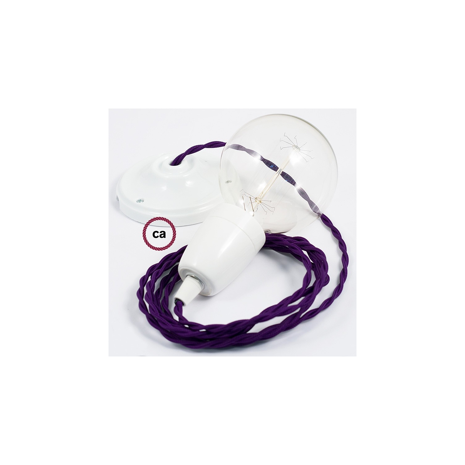 Porcelain Pendant, suspended lamp with Violet Rayon textile cable TM14